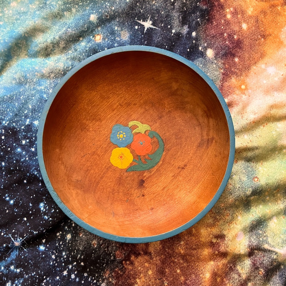 Vintage 70s Hand Painted 🌼 Wooden Bowl Decorative Floral Funky Gypsy